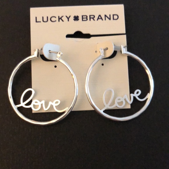 Lucky Brand Silver Tone Hoop Earrings Love In Cursive Script NWT - Picture 5 of 10